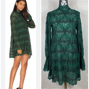 🔥Free people Lace Mini Green Dress Long Sleeve Mock neck Size S